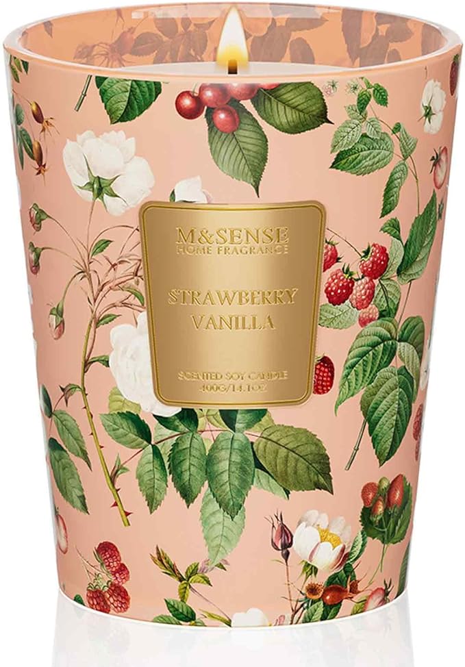 M&SENSE Strawberry Vanilla Soy Candle, 14.1oz 60H Long Lasting, Aromatherapy Candle for Bedroom Romance New Year Winter Home Decor Gifts