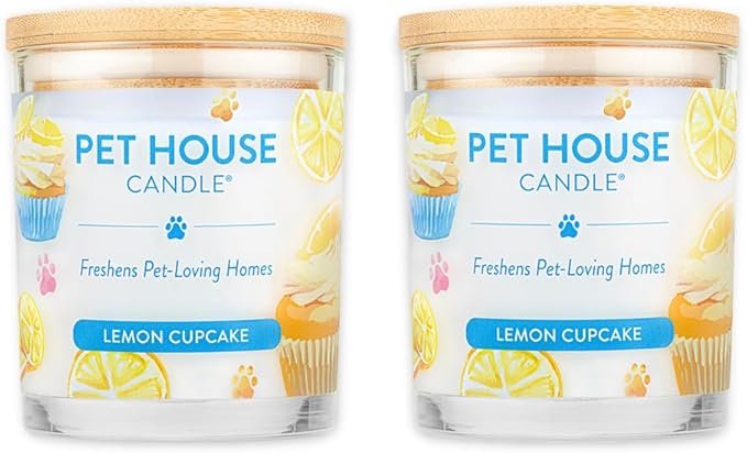 Pet House Candles, Clean Long-Lasting Pet Odor Candles for Home, Plant-Based, 60 Hour Burn Time - Lemon Cupcake, 9 oz, 2 Pack