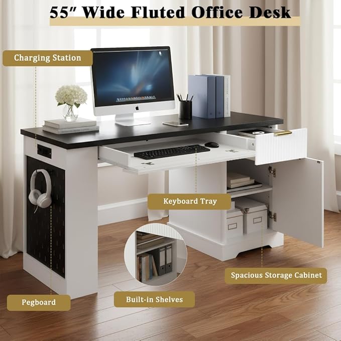 Modern Fluted Office Desk with Storage Cabinet Drawers Power Outlet Pegboard Built-in Shelves Keyboard Tray for Home Office Study Living Room (White)