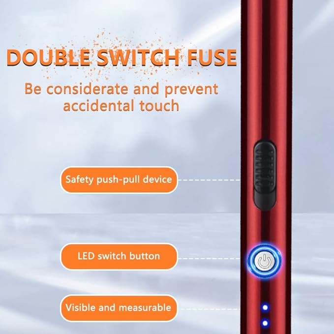 Electric Candle Lighter Rechargeable Plasma Flameless USB Lighter with Safety Lock Dual Arc LED Display for Grill Kitchen Camping (Red)
