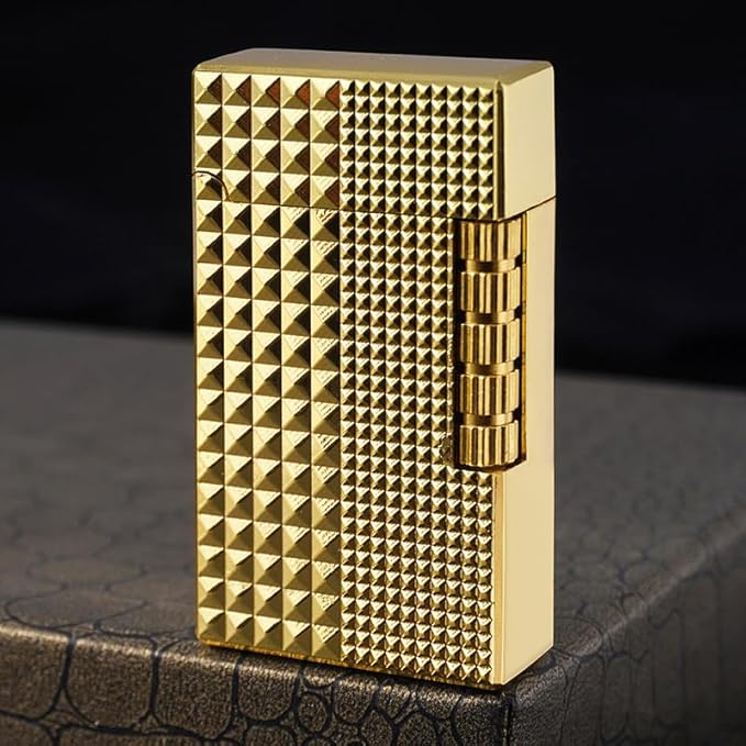 Unique Butane Lighter, MultiCut Geometric Diamond Design, Refillable Lighter Soft Flame, Flip-Top Metal Gold Side Wheel Frosted Pocket Lighter, Gifts for Men, Father, Husband (No Fuel)