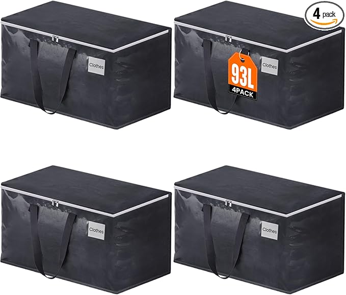 Fabspace Moving Bags Heavy Duty with Strong Zippers and Handles Collapsible Moving Supplies, Storage Totes for Packing & Moving Storing 93L 4Pack