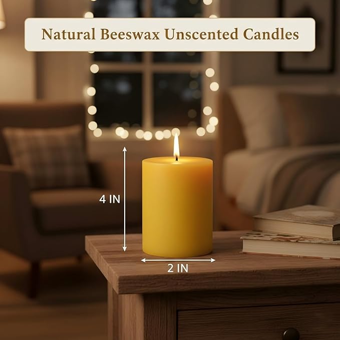 Natural Beeswax Pillar Candles 2 Packs, Non Toxic Beeswax Candles 70 Hours Long Burning, Organic Emergency Bees Wax Candles for Home, Paryer, Parties, Unscented Dripless Smokeless Candles, 2x4in