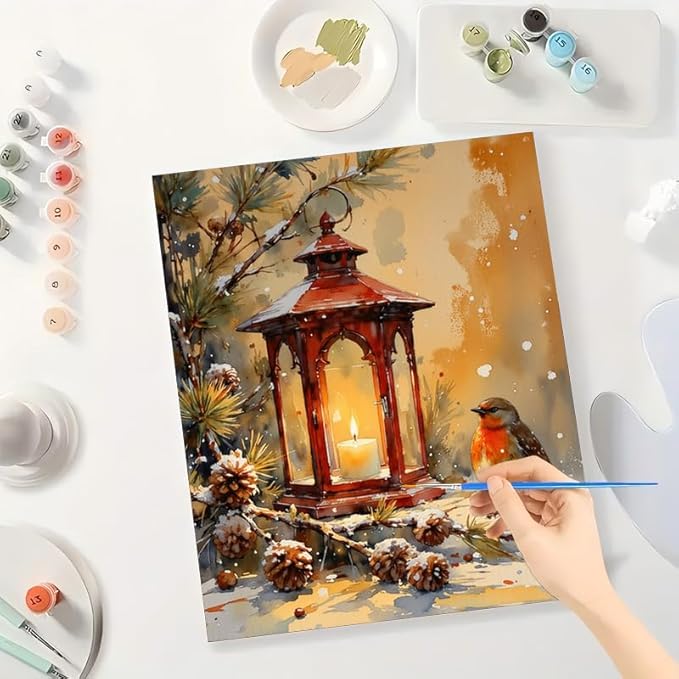 Still Life Paint by Numbers Kit for Adults - DIY Lantern Candle with Robin Bird Pinecones and Winter Branches Painting on Canvas 16x20 Inches, Frameless Acrylic Paint Set, Suitable for Beginners