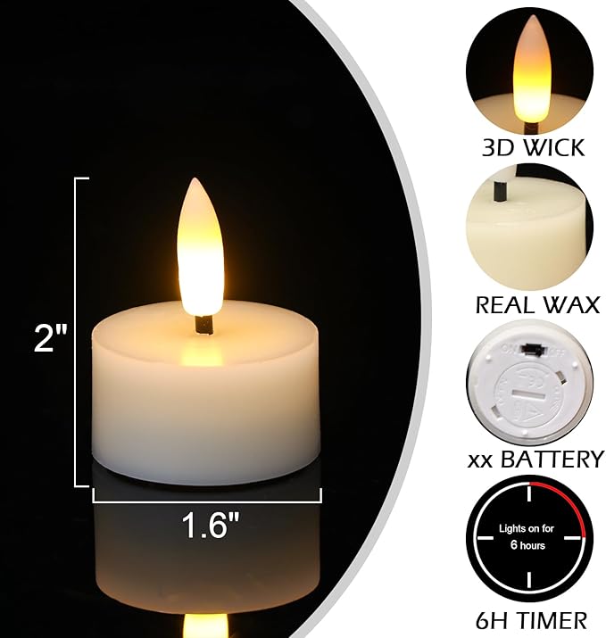 GenSwin Real Wax Tea Lights Candles Battery Operated, Flameless LED Tealights Candles with 6H Timer, 10 Pcs Battery Tea Lights with 3D Flame for Christmas Holiday Home Decor(Ivory, D1.6” x H2”)