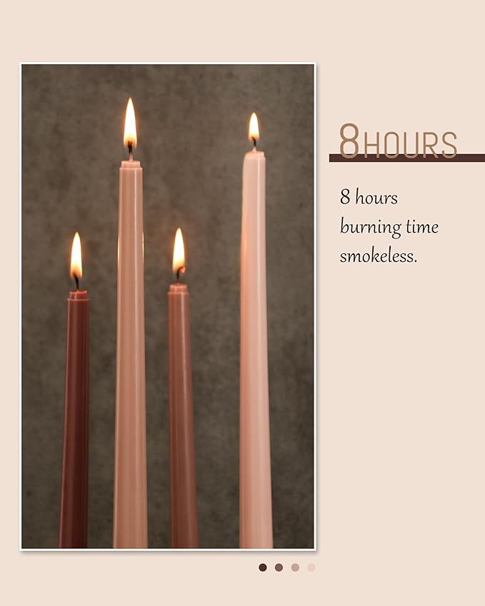 Viyffo Brown Taper Candles 4 Pack Unscented 12 Inch Tapered Candle Sticks 8 Hours Burn Time Smokeless, Household, Wedding, Party, and Home Décor Candlesticks