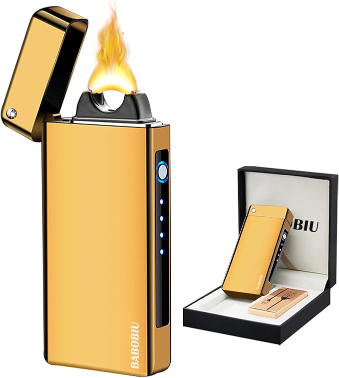 BABOBIU Plasma Lighter Rechargeable Lighters Arc Lighter Windproof Lighters Metal Body Battery Display Big Arc Flame Push Button Type-C Fast Charging for Candles Incense Fireplace Outdoor (Gold)