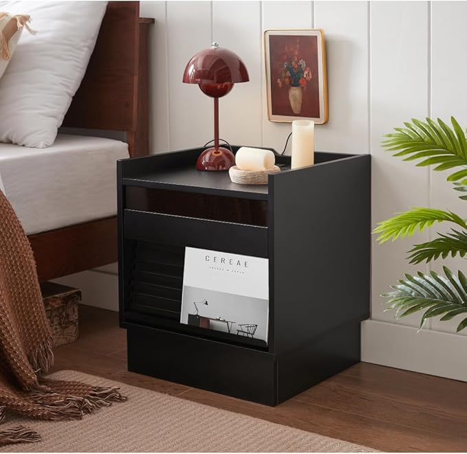Mid Century Modern Nightstand with Charging Station LED Lights 2 Drawers Bedside Table for Bedroom Living Room (Black)