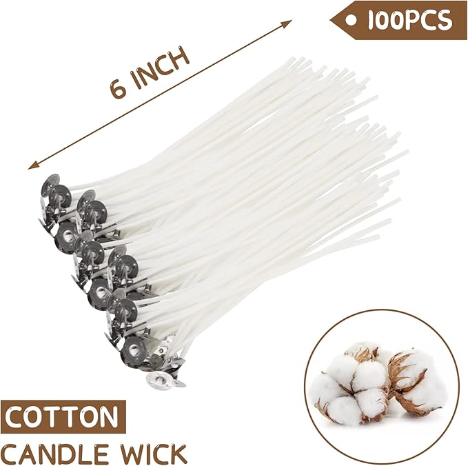 JEAWIWI Candle Wick 6 in 100 Pcs with 100 Pcs Wick Stickers and 10 Pcs Candle Wick Holders, Cotton Candle Wicks for Candle Making for Soy Wax, Beeswax, Coconut Wax