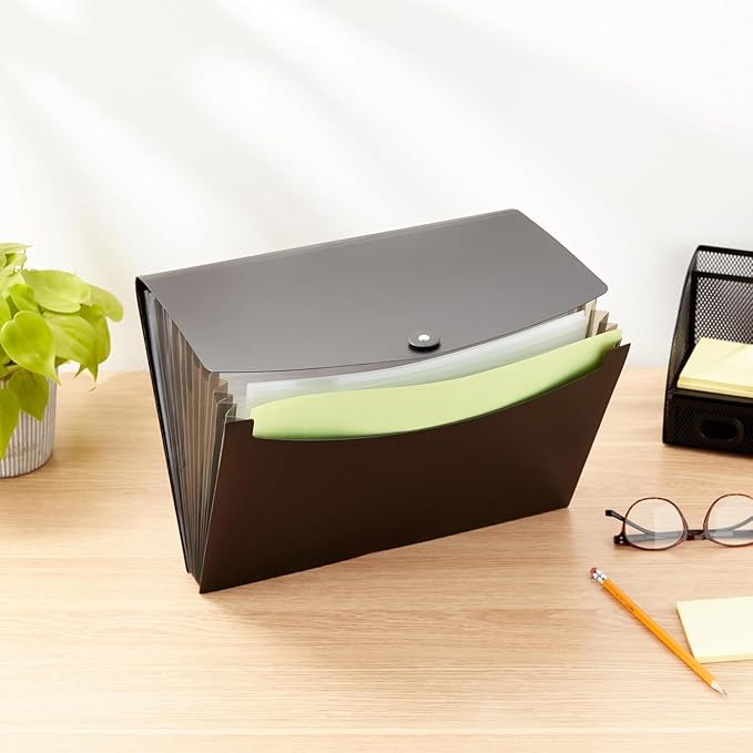 Amazon Basics Expanding Accordion File Organizer, Letter Size, 13 Compartments, Large Capacity Document Storage, Waterproof, Black, 1-Pack