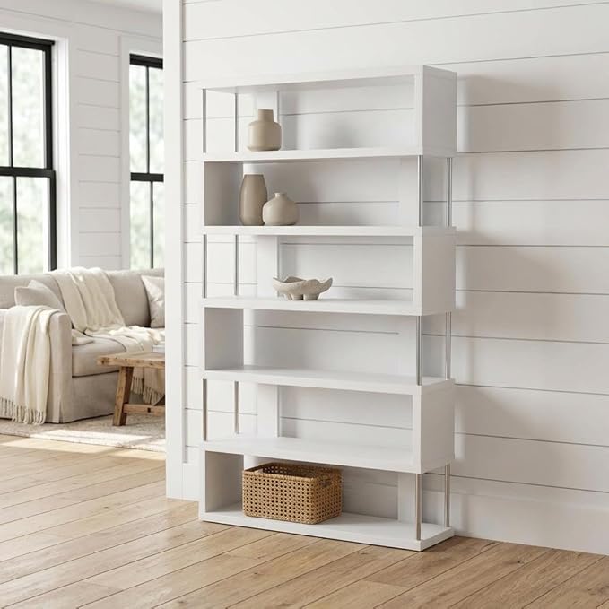 Furnifact White Six-Shelf Modern Bookcase with Engineered Wood, Transitional Style, Durable Construction, Spacious Storage for Living Room or Office
