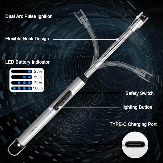 SUPRUS Electric Candle Lighter USB Type C Rechargeable Lighter Steel Shell & Hanging Hook with 360° Flexible Neck(Silver)