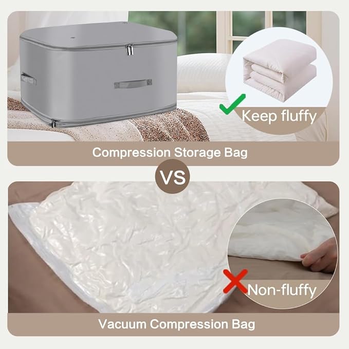Space Saving Self Compression Organizer,Compression Storage Bags for Bedding and travel,Storage bags for Blankets Duvet Quilts Pillows, Comforter Storage with zippered ventilation holes（Grey XL）