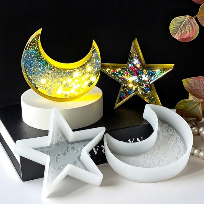 Konrisa 2pcs Star Moon Candle Molds, Silicone Resin Casting Mold for Candles Making Aromatherapy Candles Handmade Wax Home Decoration