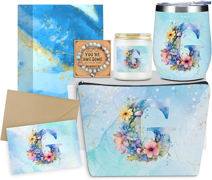 Personalized Gifts Monogrammed Birthday Gifts for Women, Her Employee Housewarming Christmas Initial Wine Tumbler Makeup Bag Scented Candle Bracelet Set, (Aesthetic Blue Flower G)