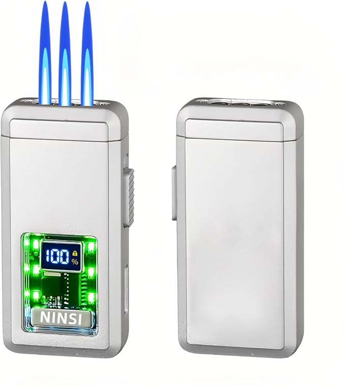 Smart Butane Torch Lighter - 4 Ignition Modes, Refillable and Rechargeable Lighters, Windproof Triple Flames with LED Battery Level and Ignition Count Display (Without Fuel) (Silver)