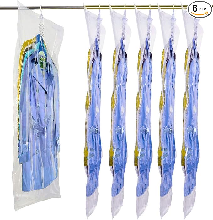 Hanging Vacuum Space Saver Bags 6 Pack, Closet Organizer Storage Bags, Vacuum Seal Clear Bags for Clothes, Suits, Dress or Jackets