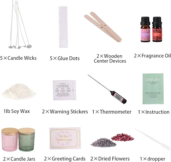 DARJEN Candle Making Kits for Beginners, DIY Starter Scented Candles Making Kit - 2 Glass Jars(Green, Pink), Soy Wax, Scented, Card & More, Full Soy Candle Making Supplies Set Perfect Gifts