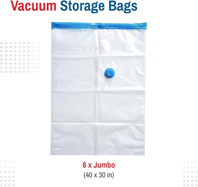 Premium Space Saver Vacuum Storage Bags - Space Saver Bags Jumbo 6 Pack - Save 80% More Storage Space - Reusable, Double Zip Seal & Leak Valve, Includes Travel Hand Pump