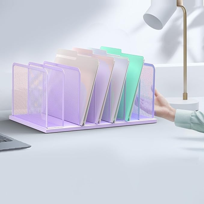 Kuntine.B Desk File Organizer Upright Mesh Desktop Organizer File Sorter Office Organization File Holder for Home, Office & Classroom (Purple, 2 Pack 7-Section)