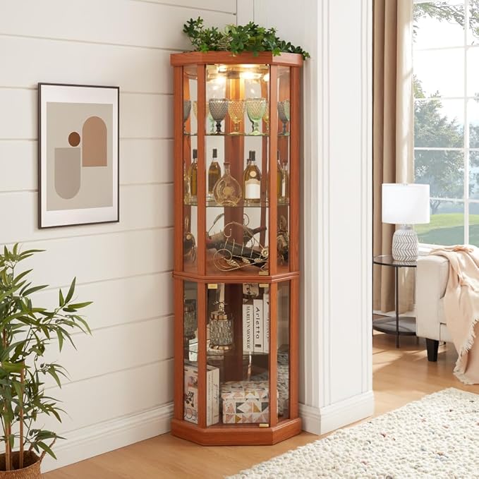 Corner Lighted Glass Curio Cabinet for Living Room Space Saving Vertical Tall Display Case with Light for Antique Wine Bar Glass Storage (Dark Oak)