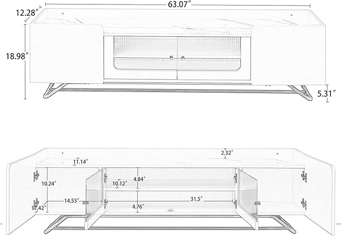 Modern Entertainment Center for TVs Up to 65”, Sleek Design TV Stand with Fluted Glass Doors and Gold Frame Base, Faux Marble Top TV Console Table for Bedroom,Living Room, 63.07 inch Length, White