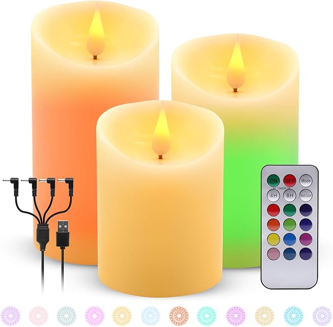 ALED LIGHT Rechargeable Candles Flickering with Remote,Flameless Candles Built-in Rechargeable Battery,RGB&Warm White Real Wax LED Candles for Home Decoration,Christmas,Party