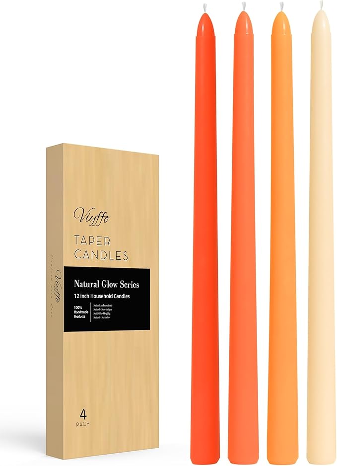 Viyffo Taper Candles, 12 Inch, 4 Pack, Orange – Unscented, Smokeless Design, Up to 8-Hour Burn – Tall Candlesticks for Table Decor, Weddings & Dinners