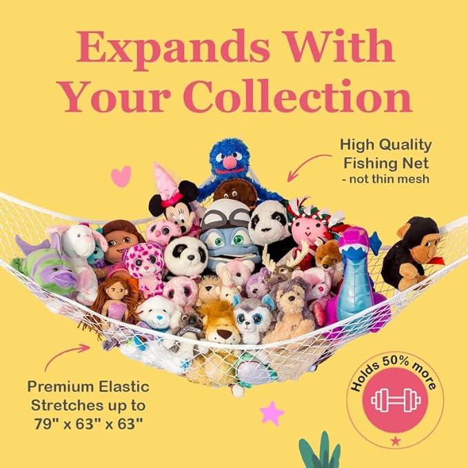 Lilly's Love Large Stuffed Animal Hammock | Corner Hanging Organizer, Stuffed Animal Storage | Easy to Hang Plushie Net w/Included Anchors & Hooks | Cute Room & Bedroom Decor (Pastel Purple)