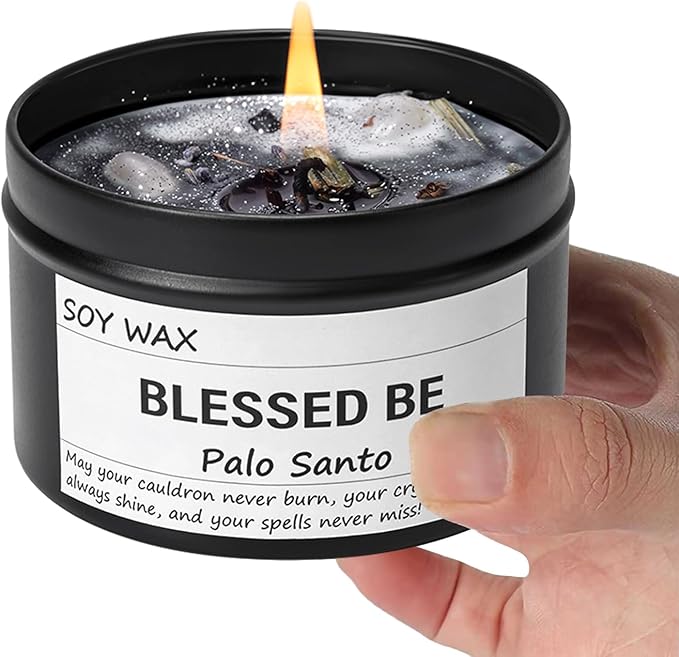 Chloefu LAN Obsidian Crystal Blessed Be Energy Candle, Good Aura Health Protection, Magical Palo Santo Jar Candle, Witchy Home Ambiance, Witch Spell Ritual Candle for Spiritual Cleansing