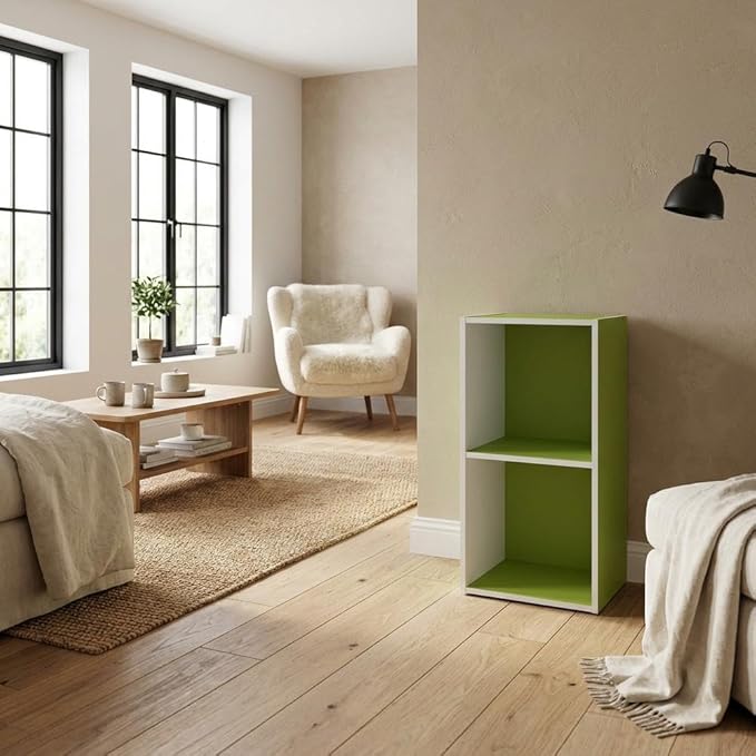 Furnifact Green White 2-Tier Open Shelf Bookcase with Wood Material, Modern Design, Space-Saving Storage Solution for Living Room and Office
