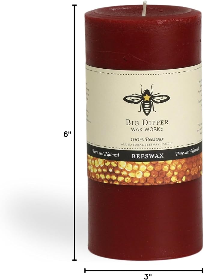 Big Dipper Wax Works Red Pillar Candle, 3” x 6” – 100% Pure Beeswax, 90-Hour Burn – Natural Honey Aroma, Non-Toxic, Eco-Friendly, Clean-Burning Candle for Home, Holidays & Decor