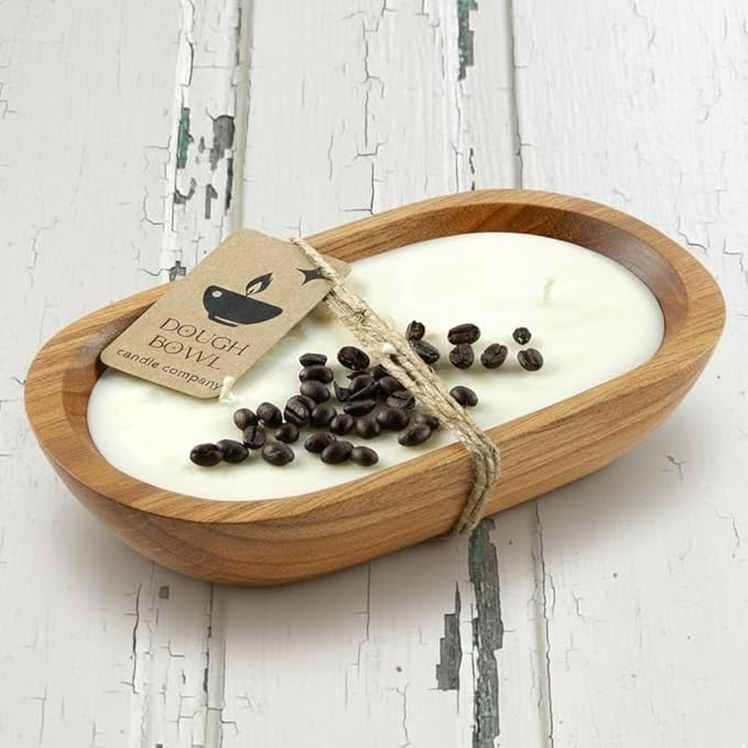 Dough Bowl Candle Co. Vanilla Latte Soy Candle - 3 Wick Rustic Farmhouse Decor Odor Eliminator in Wooden Bowls, 20 Oz Wooden Dough Bowl Candle, All-Natural Gifts for Women or Men, Coffee Table Decor