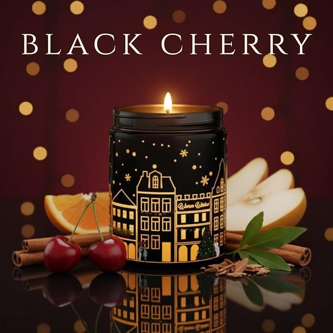 Black Cherry Scented Candle – Dual Light Glow Jar Candle (Real Flame + Heat Activated LED), Soy Wax Blend Aromatherapy Candle, 40-Hour Burn, Decorative Candle for Bedroom, Bathroom & Home Gift, 7oz
