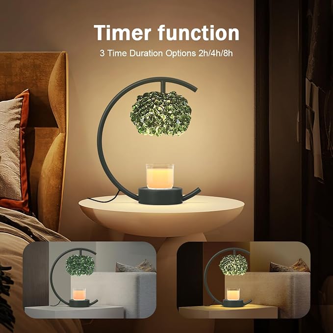 Yeuslor Candle Warmer Lamp for Jar Candles with Adjustable Brightness＆Timer，Handcrafted Green Crystal Candle Lamp Luxurious Design+2Bulbs,Home Decoration Electric Candle lamp(Balck C-Shaped)