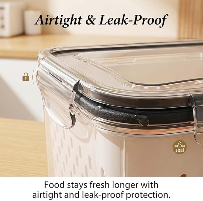 QUROXO 4 in 1 Food Storage Container-3 Piece Set, Household Transparent Plastic Food Storage Box with Lids, Food Fruit Storage Containers for Fridge with Drain Basket (Gray)