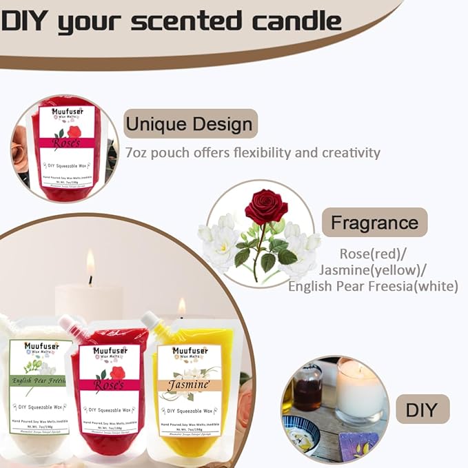 DIY Squeezable Soy Wax Scented Candle,Handmade Eco-Friendly, Each 7 oz and 55 Hours Burn Time, 3 Luxurious Scents Easy-Squeeze Design for Creative Home Decor & Gifts (English Pear & Freesia)