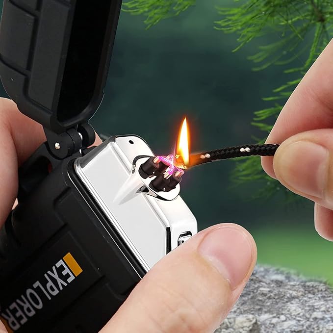Waterproof Electric Lighter Outdoor USB C Rechargeable Flameless Dual Arc Plasma Lighters for Adventure Survival Tactical, Camping Gadgets for Men