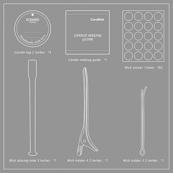 CandMak Candle Wick Kit - 60 Cotton Wicks with Candle Making Tools (Thin, 8 inches)
