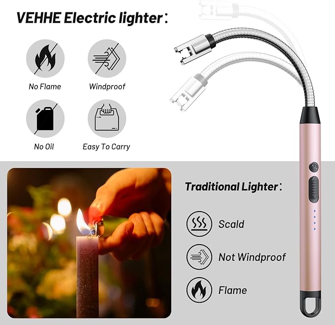 VEHHE Long Lighters Rechargeable with Safety Switch, USB C Lighter with 360° Flexible Neck, Windproof Flameless Plasma Arc Lighter with Led Battery Display for Fireworks BBQ Camping (Rose Gold)