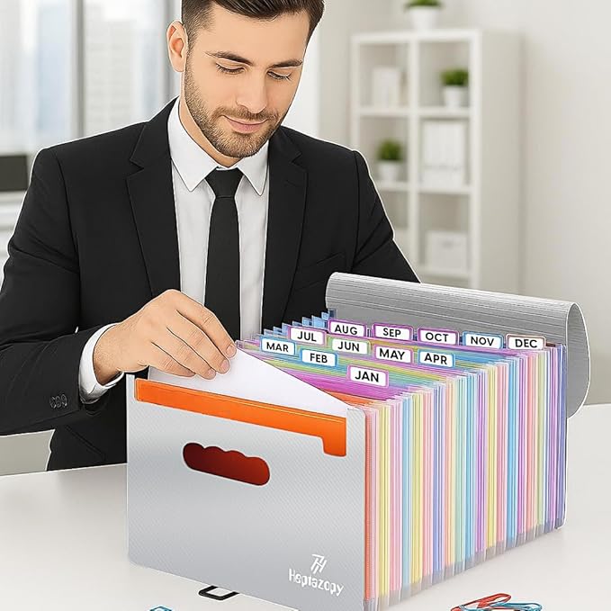 Plastic Accordion File Organizer, 26 Pockets Expandable File Folder Organizer, A4 Letter Size Filing Organizer with Colorful Tabs, Elastic Cord, 60 Paper Clip, Label & Stickers for Office School Home