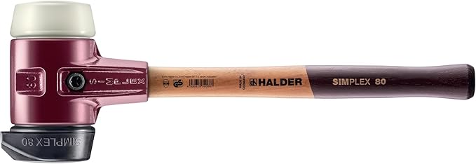Halder Simplex Soft-Faced Mallet 3028.280 – Medium-Hard "Stand-Up" Rubber Insert, Nylon Insert, Cast Iron Housing with Handle Protection Sleeve, Varnished Wooden Handle, 80mm, 6.5 lbs.