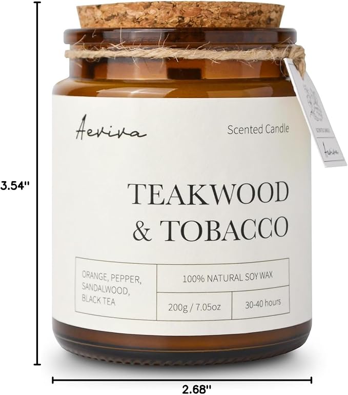 Scented Candle, 7.05 oz Teakwood Tobacco Aromatherapy Candle, Natural Soy Wax with Wooden Wick, Candles for Home Scented, Stress Relief Amber Jar Candle Gifts