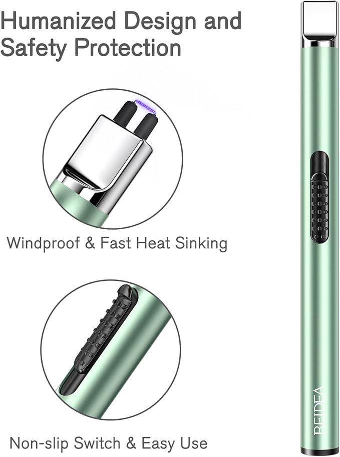 REIDEA Lighter S4 Electronic Candle Lighter USB Rechargeable with Security Lock, Windproof Fast Heat Sinking, Non-Slip Switch for Candle, Grill, Camping (Mint Green)