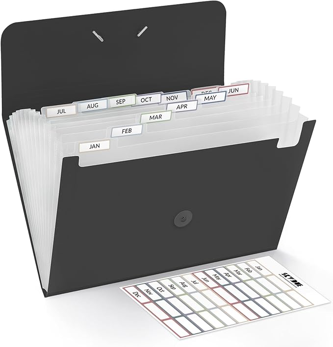 SKYDUE Expanding File Folde rwith 13 Pockets, Accordion File Organizer fits for A4/Letter Sized Paper, Accordion Folder with Labels - Document Receipt Organizer for Office, School, Home Blak