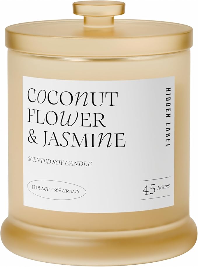 Hidden Label Coconut Flower & Jasmine Scented Candle | 2 Wick Large Candles for Home Scented 13oz 75Hour Long Lasting Slow Burning | Aromatherapy Candle for Home Decor, Stress Relief & Relaxation