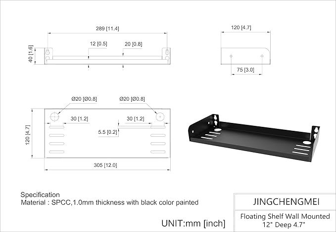JINGCHENGMEI 2 Pcs of Metal Wall Mounted Floating Shelf for Small AV or TV Accessories, W 12" x D 4.7" Wide Mini Display Shelf for Storage or Collection in Living Room, Kitchen (12 Inches)