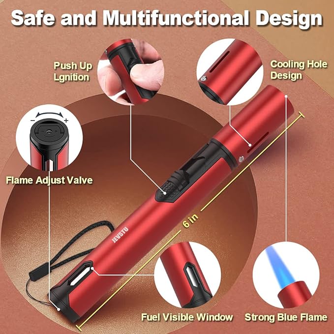 Butane Torch, 6-inch Refillable Pen Lighter with Adjustable Jet Flame for Grill BBQ Candle Camping (Gas Not Included) - RED