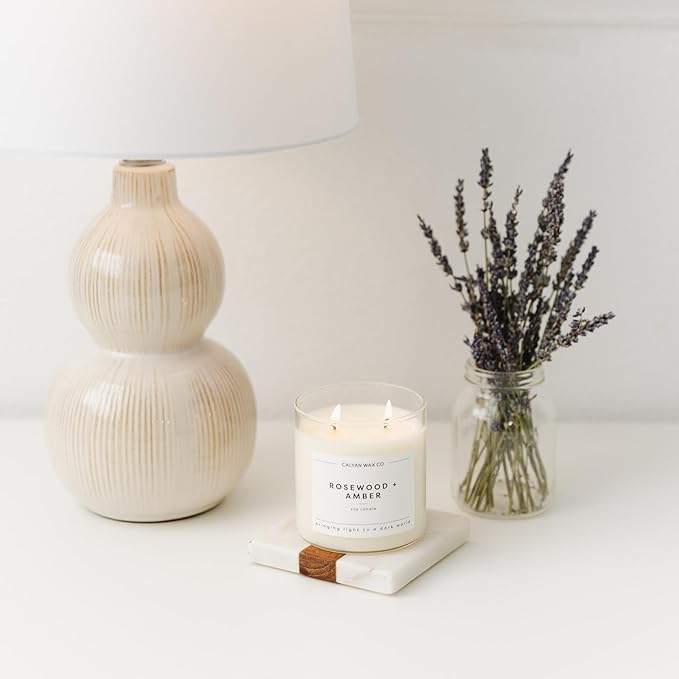 Calyan Wax Co. Rosewood & Amber 2 Wick Scented Candle - 37 Hour Burn - Luxury Non Toxic Soy Wax Candles - Long Lasting Large Glass Jar Candle for Home - 8.8oz