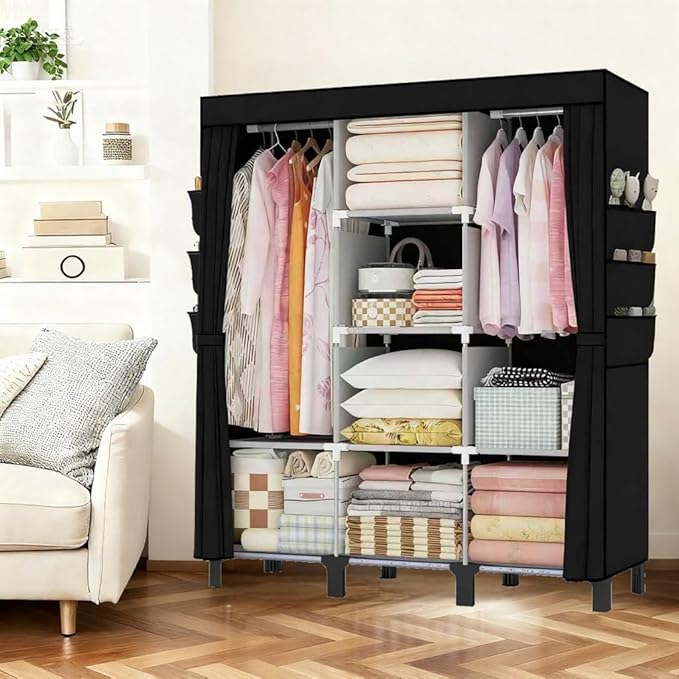 Portable Wardrobe, Clothes Organizer, Easy Hanger Wardrobe, Multiple Dividers and 3 Drawers, 6 Side Pockets Large Capacity (Black)